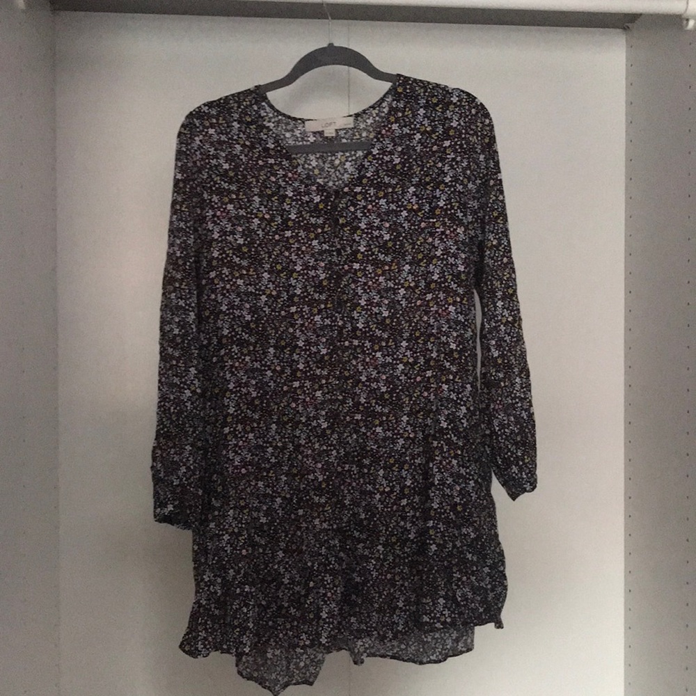 LOFT Black based floral print v-neck mini dress